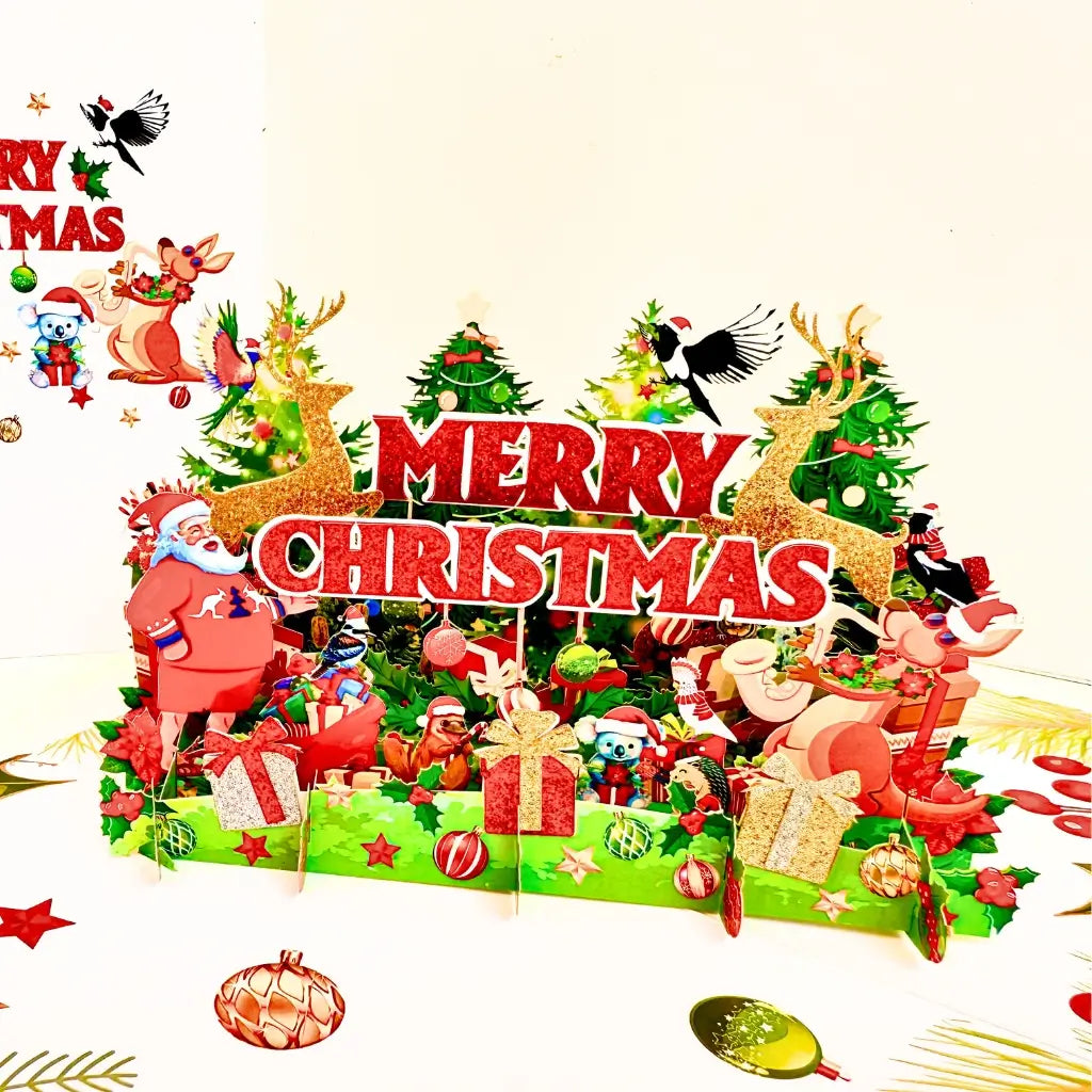 Vibrant Merry Christmas Santa Claus Flying with His Reindeers 3D Pop-Up Greeting Card