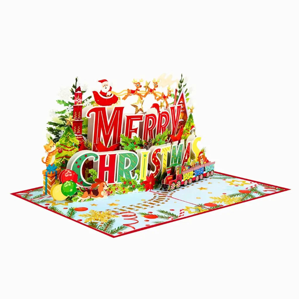 Vibrant Merry Christmas Santa Claus Flying with His Reindeers 3D Pop-Up Greeting Card