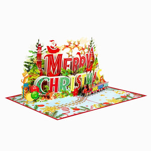 Vibrant Merry Christmas Santa Claus Flying with His Reindeers 3D Pop-Up Greeting Card