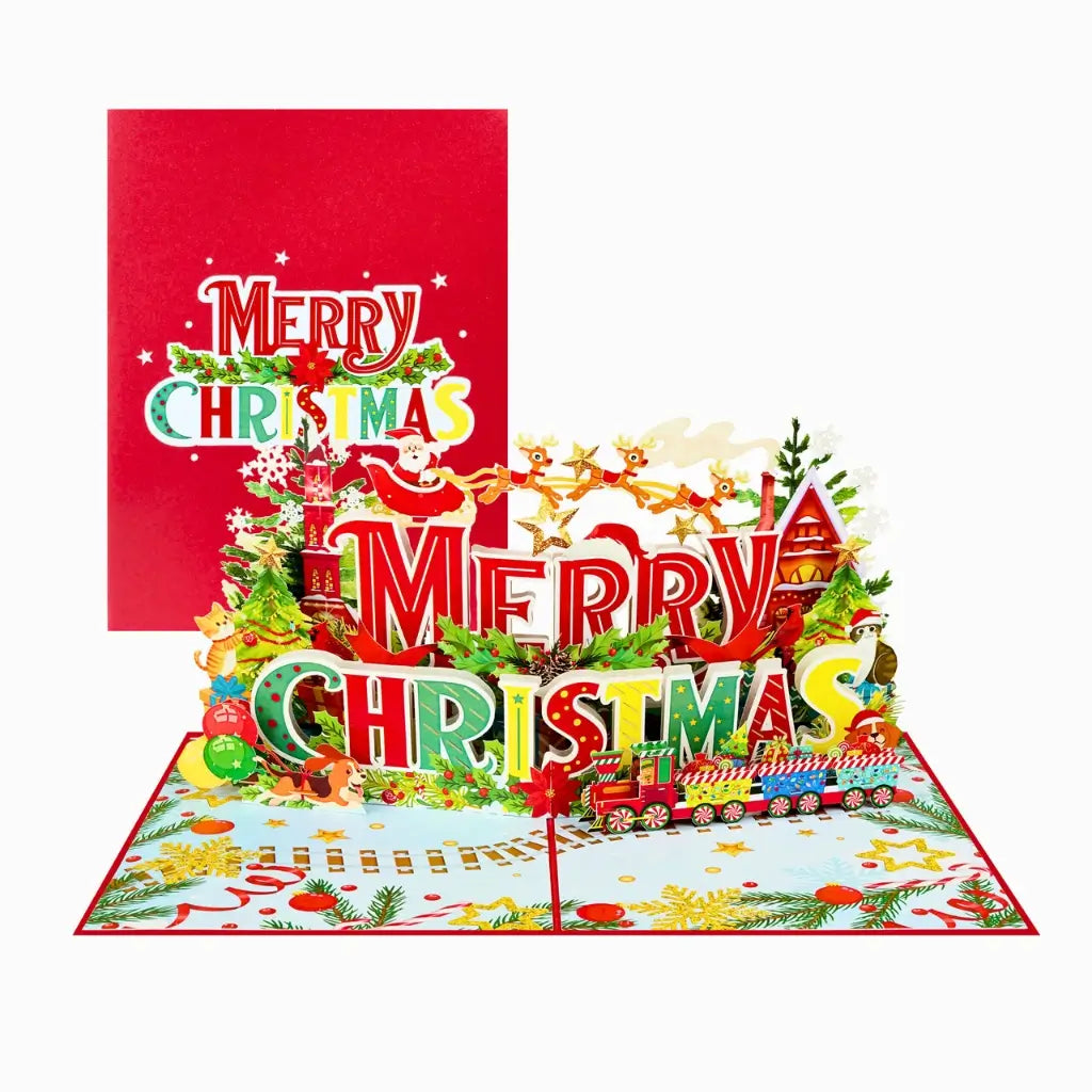 Vibrant Merry Christmas Santa Claus Flying with His Reindeers 3D Pop-Up Greeting Card
