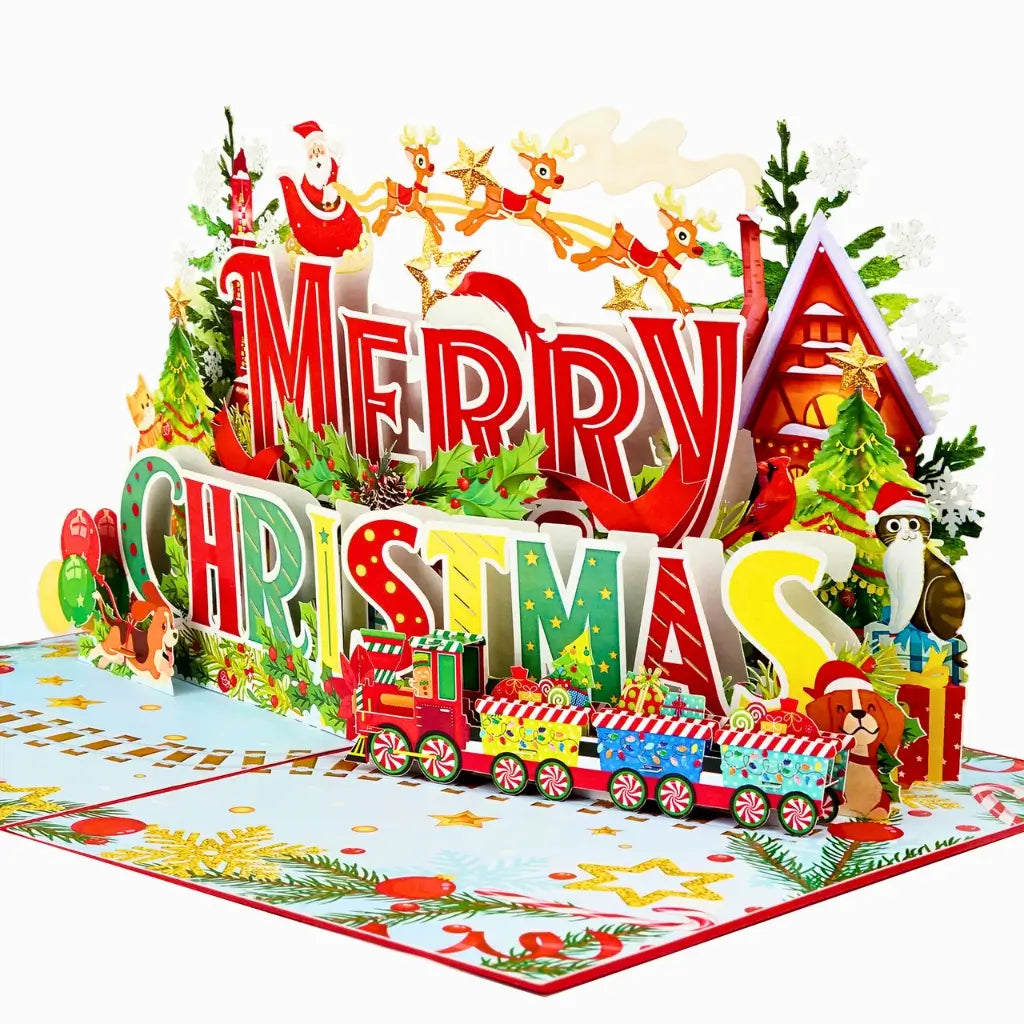 Vibrant Merry Christmas Santa Claus Flying with His Reindeers 3D Pop-Up Greeting Card
