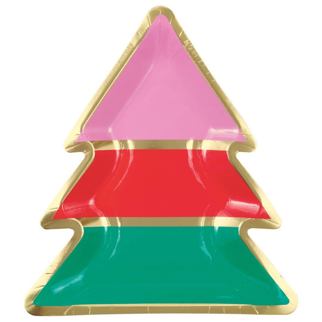 Vibrant Christmas Tree Foil Stamped Paper Plates 8pk – Tree Shaped Party Plates 21cm