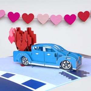 Vintage Blue Car With Love Heart Balloons 3D Pop Up Greeting Card