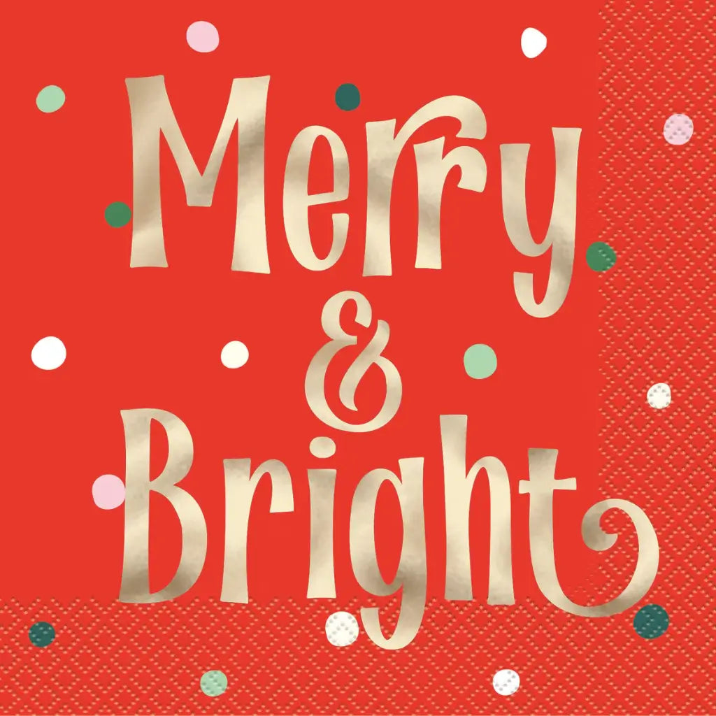 Christmas table napkins featuring gold foil Merry & Bright text on red background