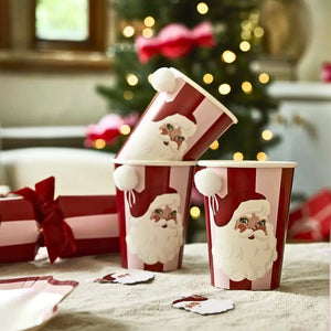 266ml Santa Baby paper cups with retro Santa design for festive drink serving