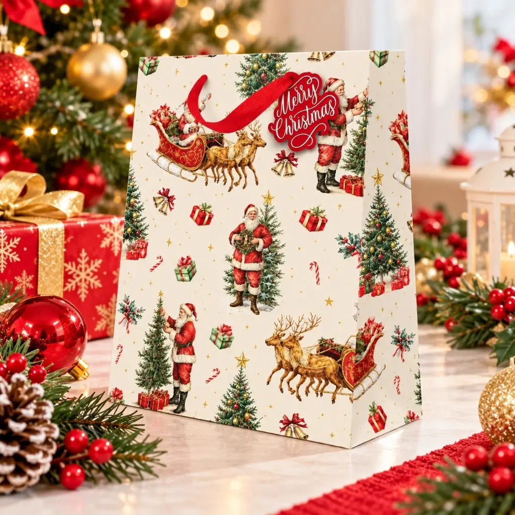 Traditional Santa Christmas gift bag with red ribbon handles