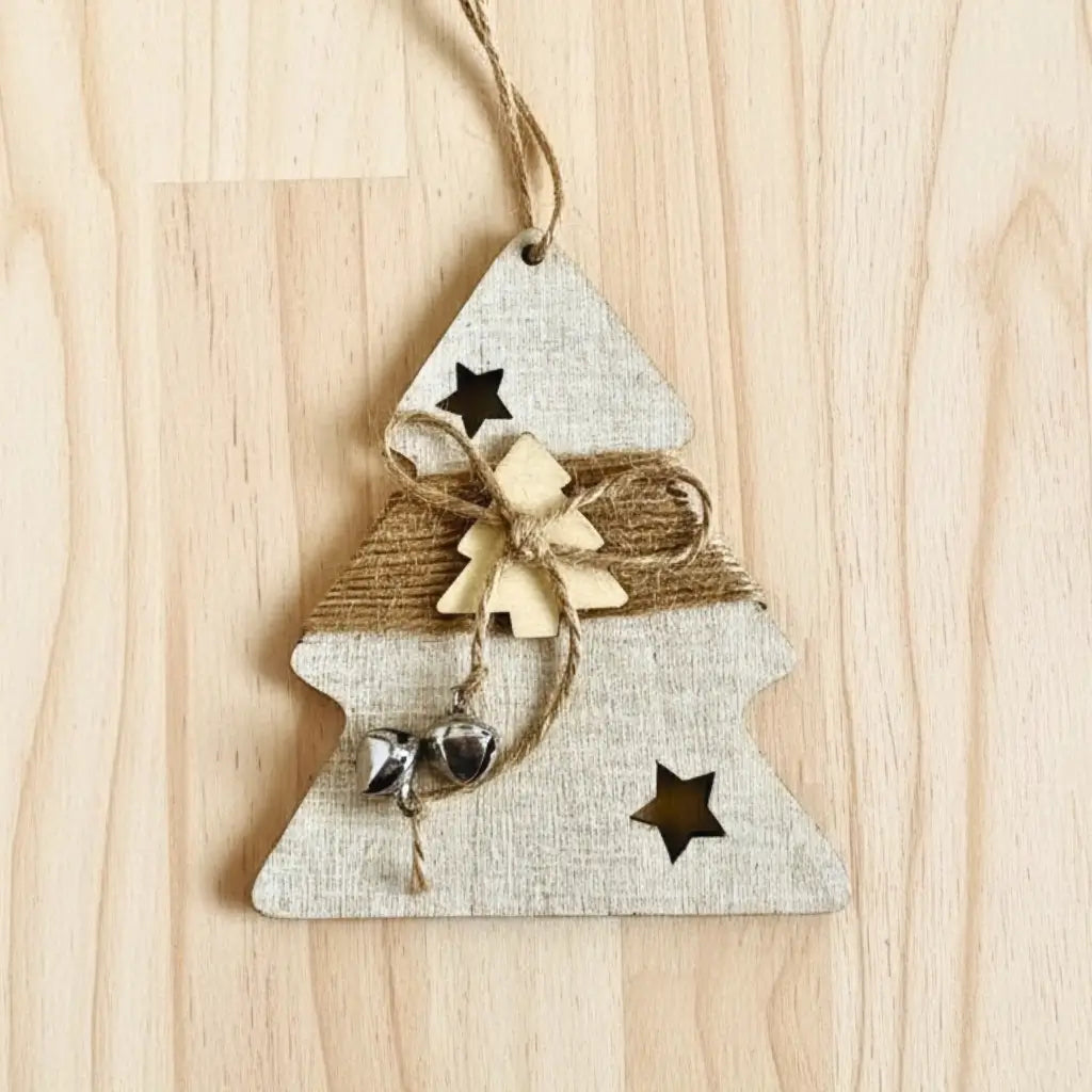 Rustic wooden christmas tree hanging ornament with jingle bells