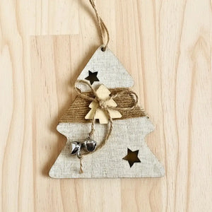 Rustic wooden christmas tree hanging ornament with jingle bells