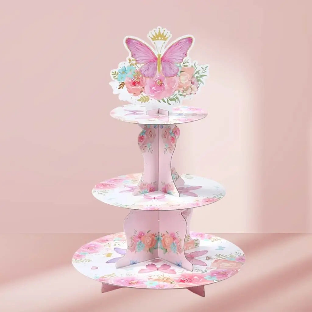 Watercolour Pink Floral Butterfly 3 Tier Cake Stand