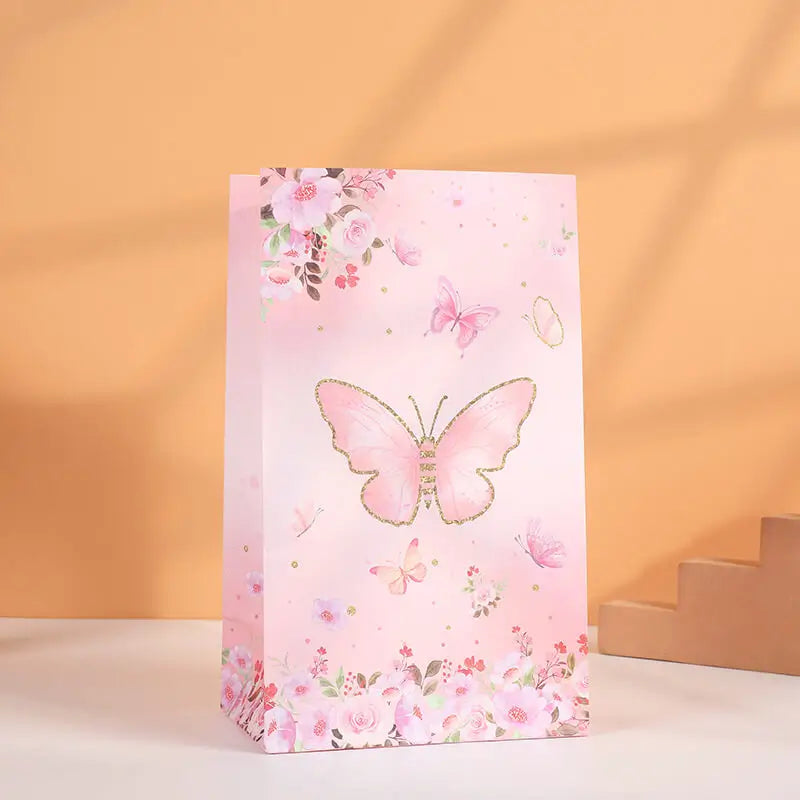 Pink Floral Butterfly Paper Favour Bags w/ Stickers 10pk