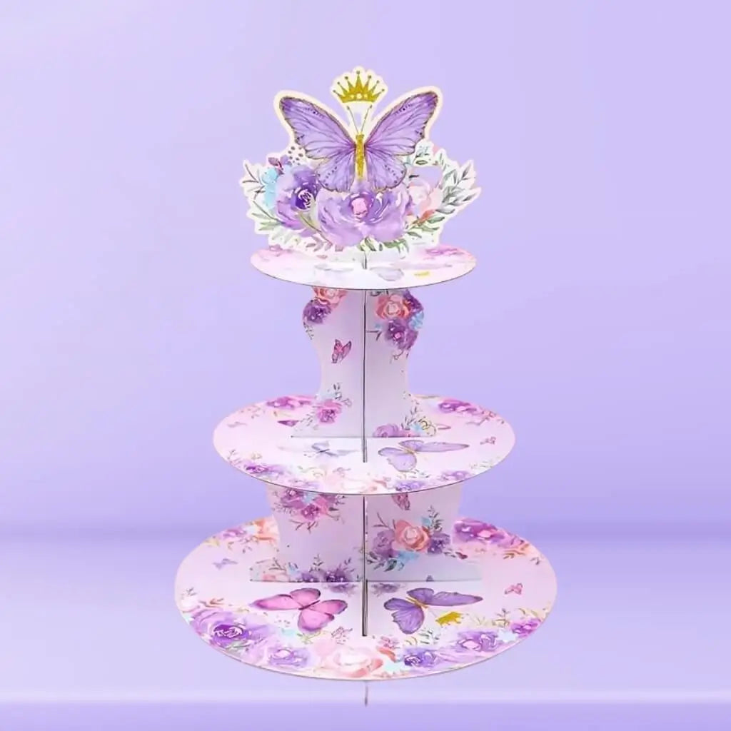 Watercolour Purple Floral Butterfly 3 Tier Cake Stand