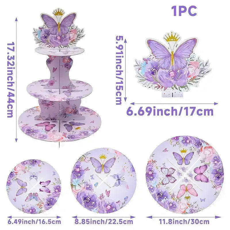 Watercolour Purple Floral Butterfly 3 Tier Cake Stand