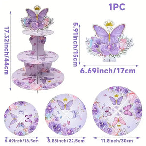 Watercolour Purple Floral Butterfly 3 Tier Cake Stand