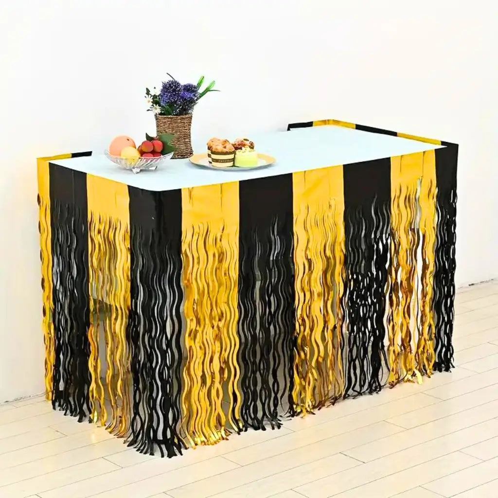 Wavy Black & Gold Foil Fringe Table Skirt