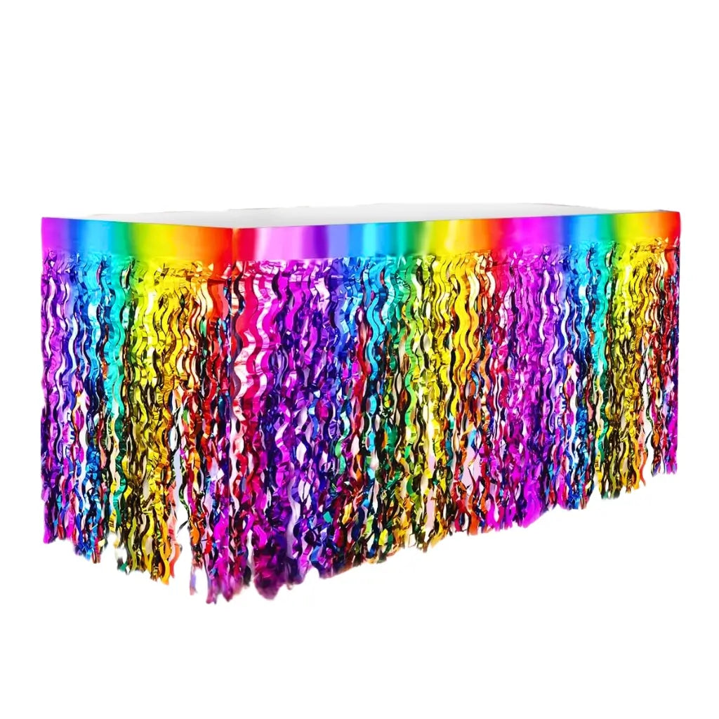 Wavy Gradient Rainbow Foil Fringe Tinsel Table Skirt