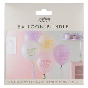 Pastel Happy Birthday Balloon Bundle with Tissue Paper Tails