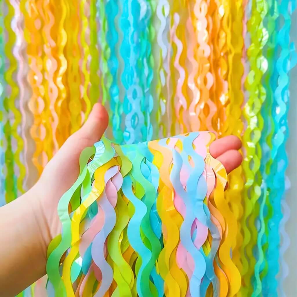 Wavy Pastel Rainbow Tinsel Fringe Foil Curtain party wall decorations