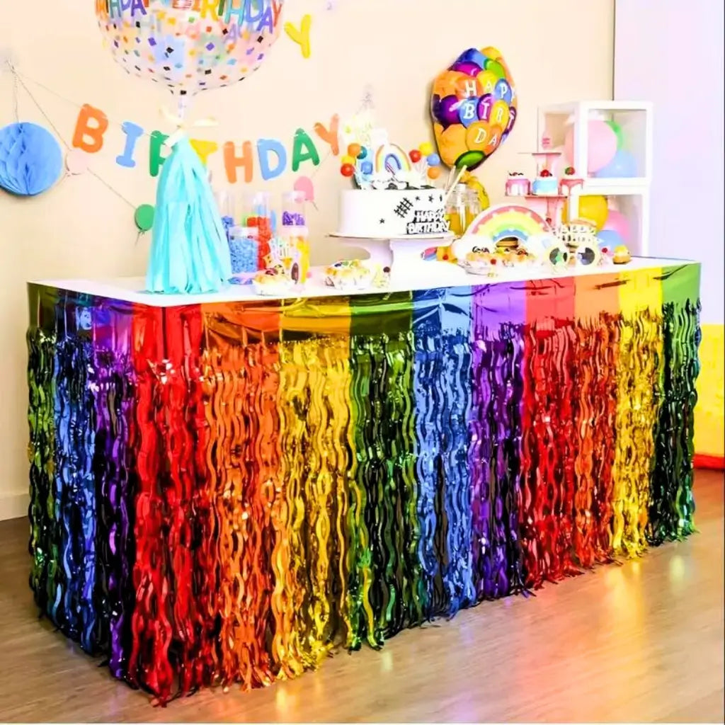 Wavy Rainbow Foil Fringe Party Table Skirt Table Decorations