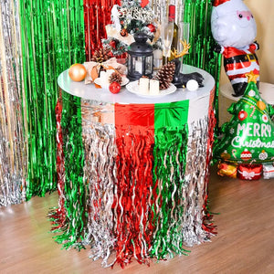 Wavy Red, Green &amp; Silver Foil Fringe Party Table Skirt Table Decorations.