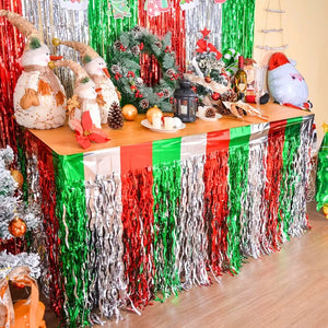 Wavy Red, Green &amp; Silver Foil Fringe Party Table Skirt Table Decorations.