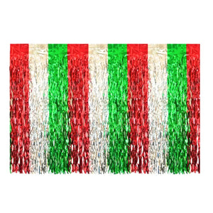 Wavy Red, Green &amp; Silver Foil Fringe Party Table Skirt Table Decorations.