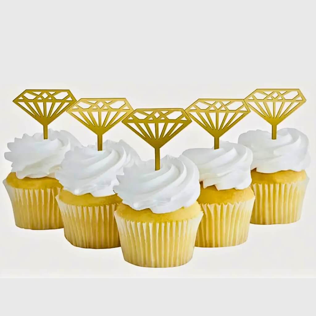 Gold metallic diamond cupcake toppers on plastic picks