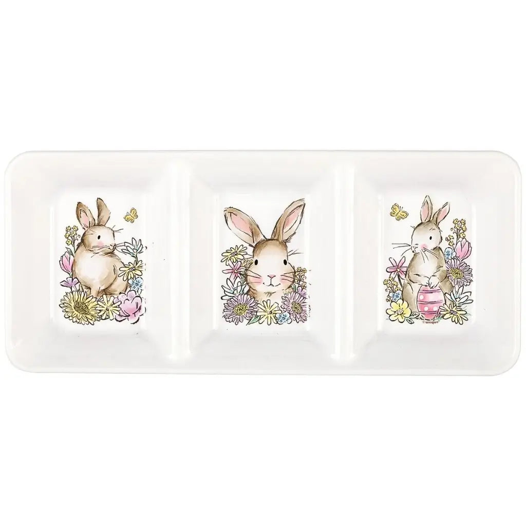 whimsy Easter bunny print reusable three section serving tray food platter