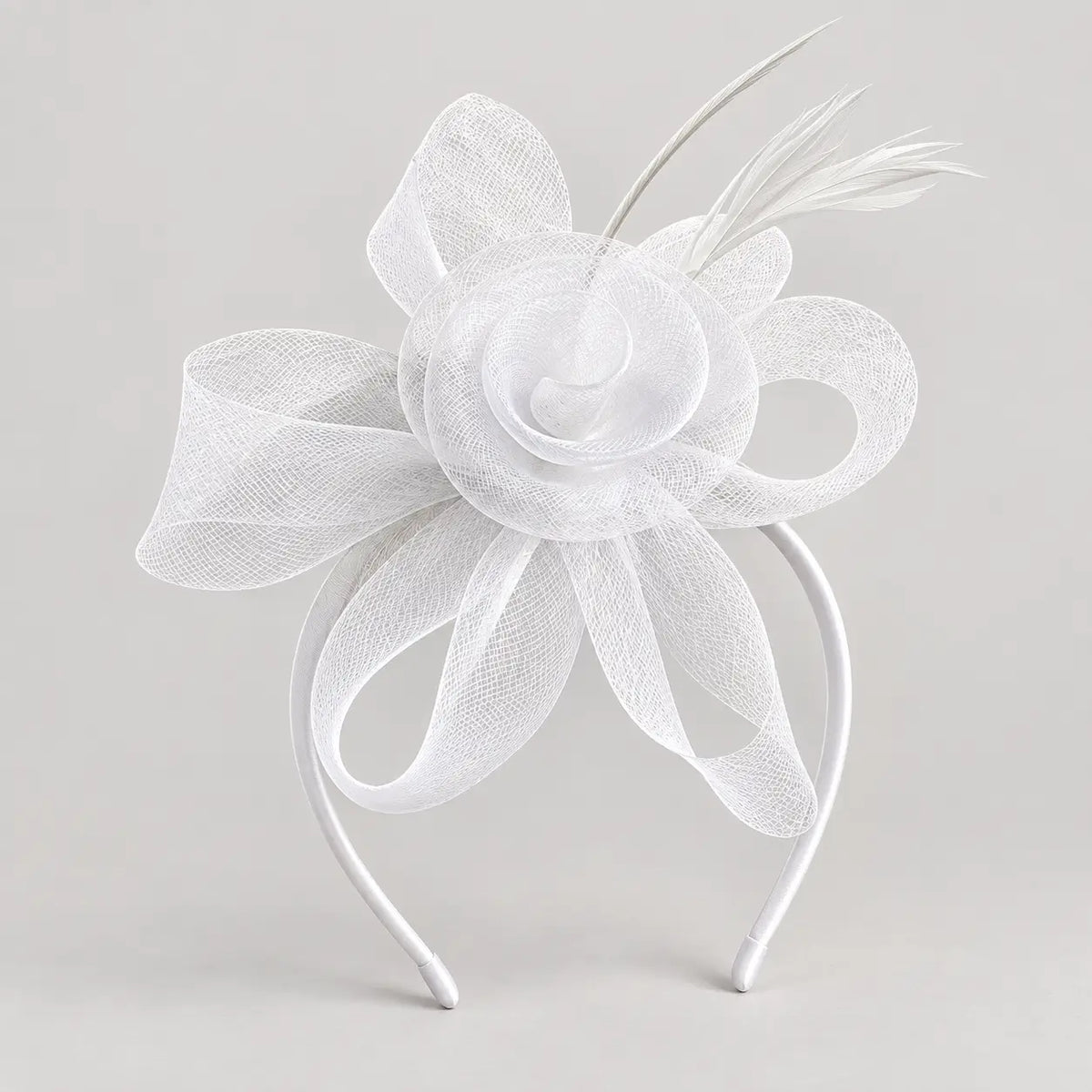 Milani white mesh flower fascinator headband worn with loose waves