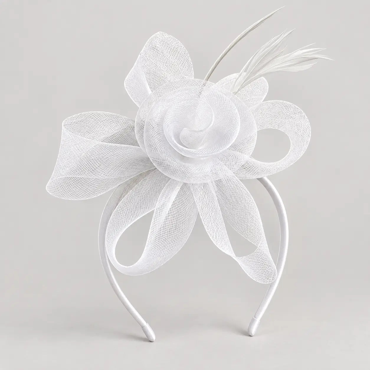 Milani white mesh flower fascinator headband worn with loose waves