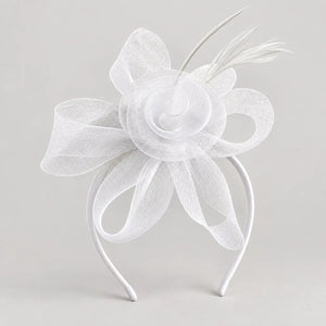 Milani white mesh flower fascinator headband worn with loose waves