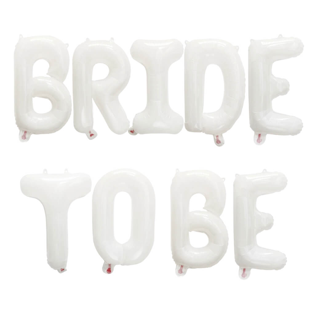 White foil letter balloons spelling BRIDE TO BE for bachelorette celebration