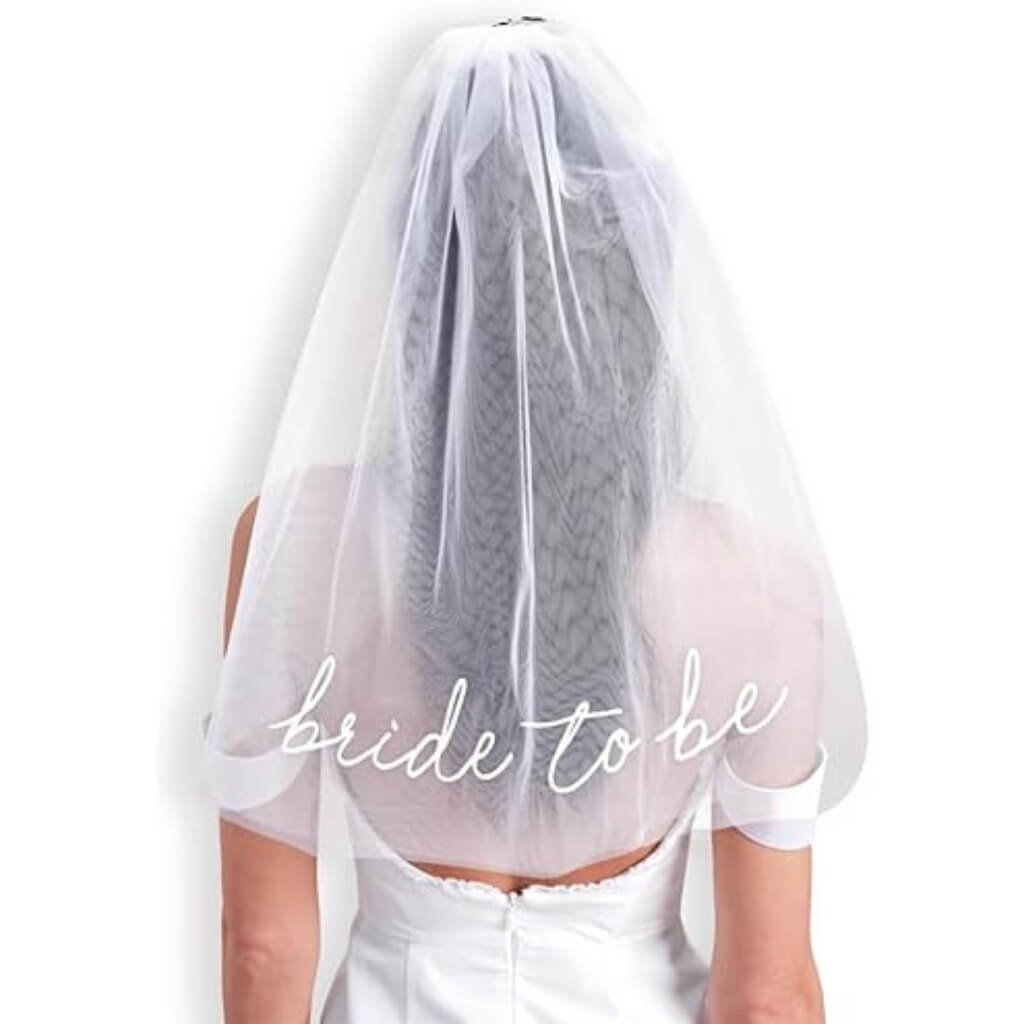 Bridal shower white veil headpiece with silver bride to be print