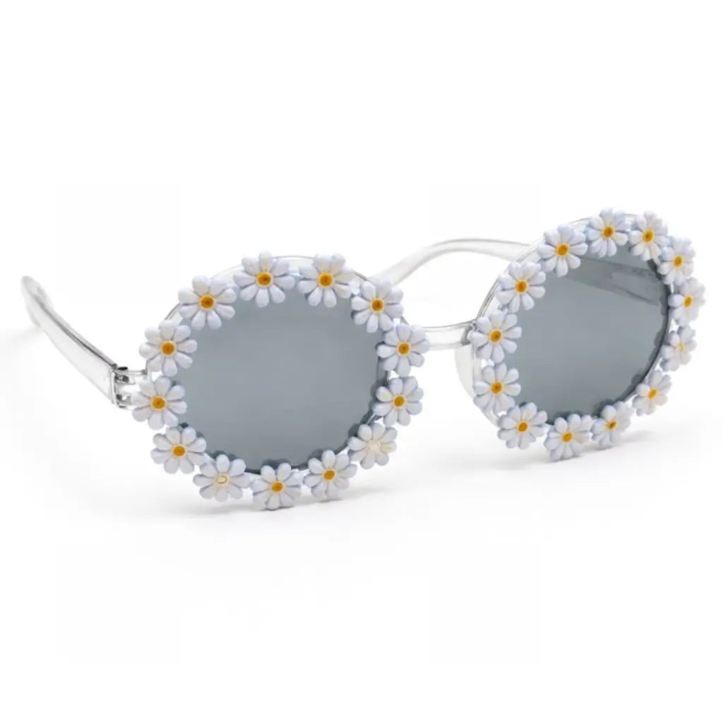 White daisy 60s party glasses with dark round lenses