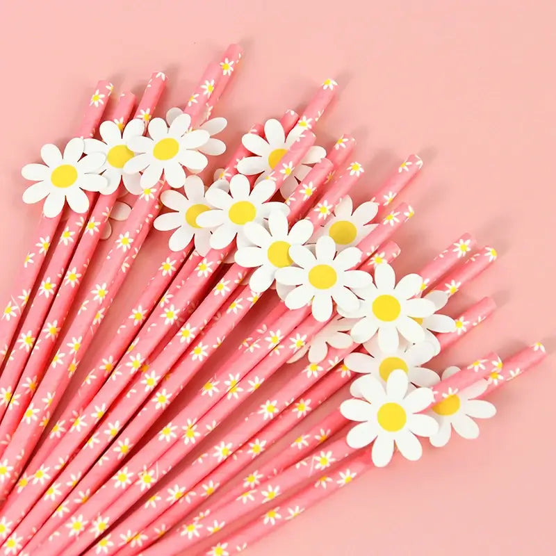 Pink Daisy Paper Straws 10pk