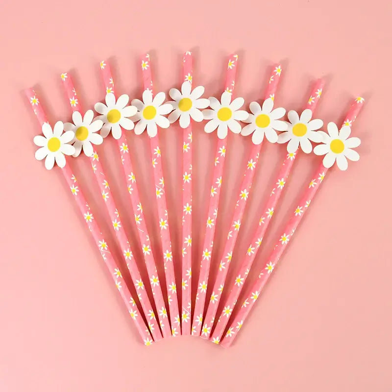 Pink Daisy Paper Straws 10pk