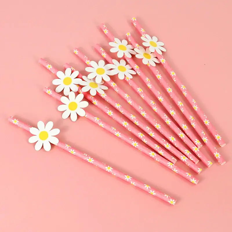 Pink Daisy Paper Straws 10pk