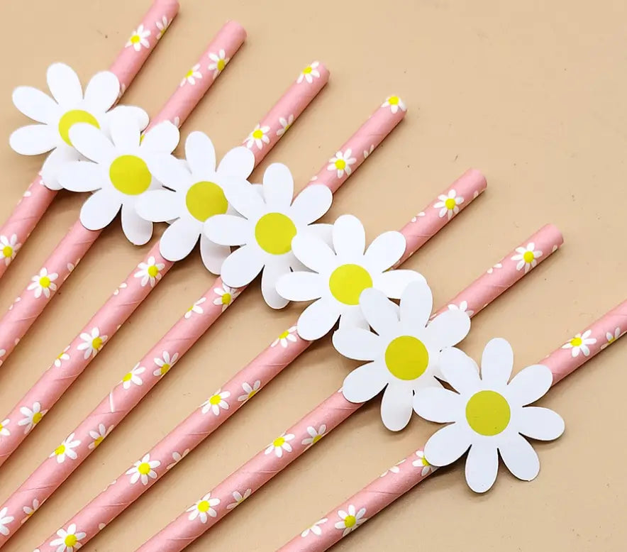 Pink Daisy Paper Straws 10pk