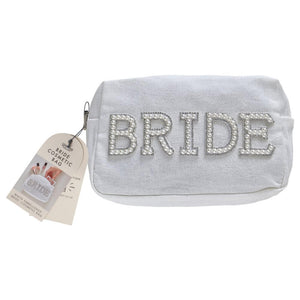 white Embellished Pearl Bride Makeup Bag