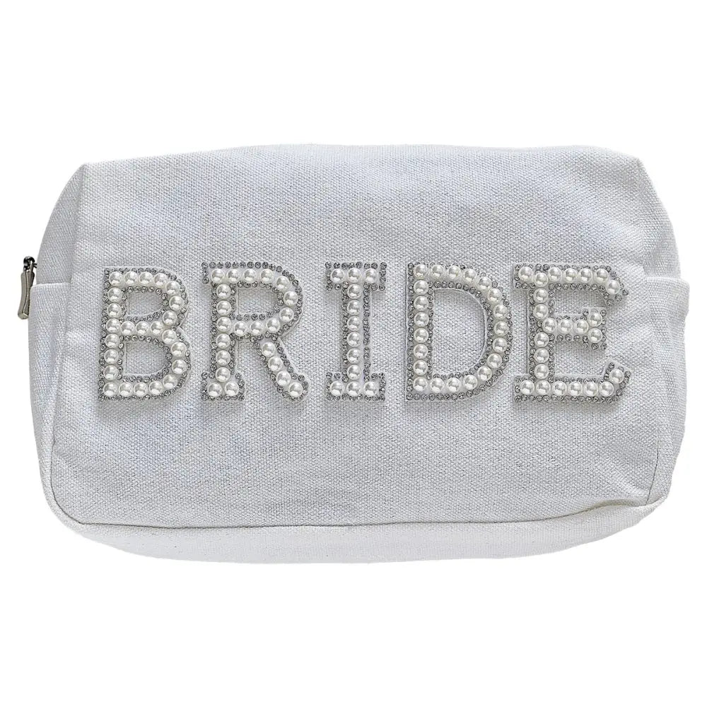 white Embellished Pearl Bride Makeup Bag