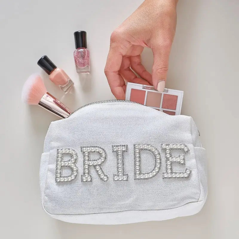 white Embellished Pearl Bride Makeup Bag