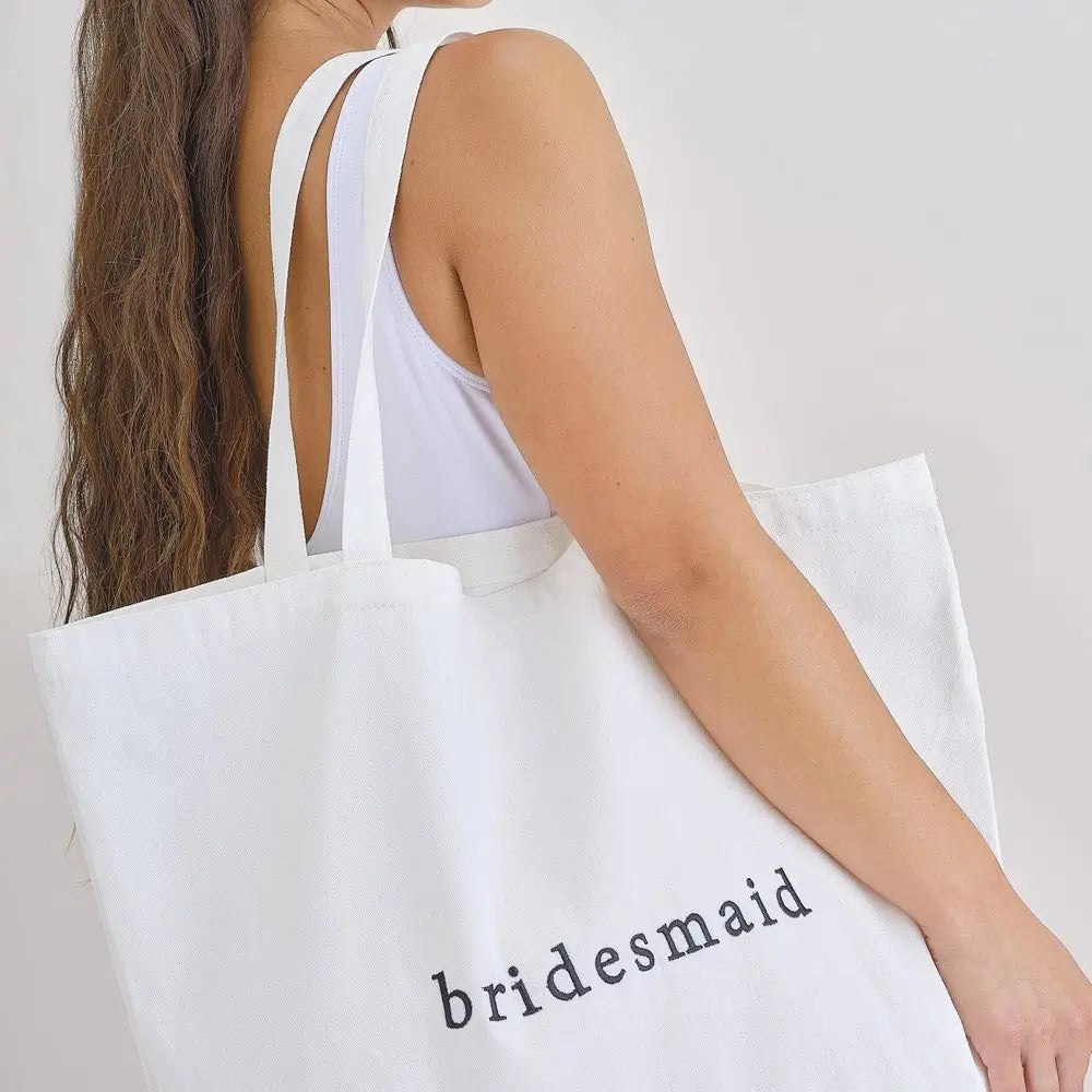 White Embroidered Bridesmaid Tote Bag
