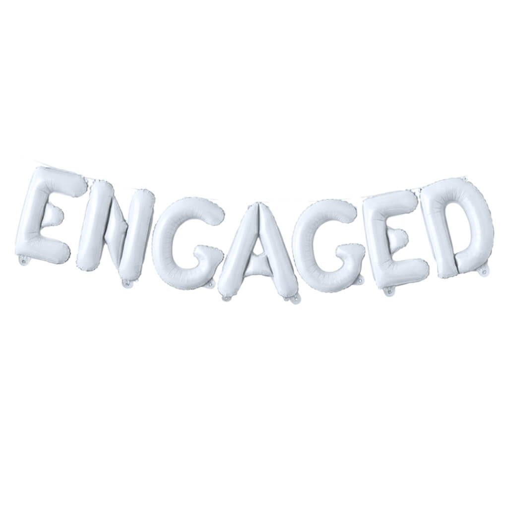 White ENGAGED foil balloon banner for engagement party