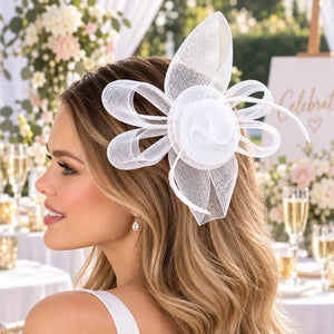 White feather-free wedding fascinator clip with a sculpted mesh flower