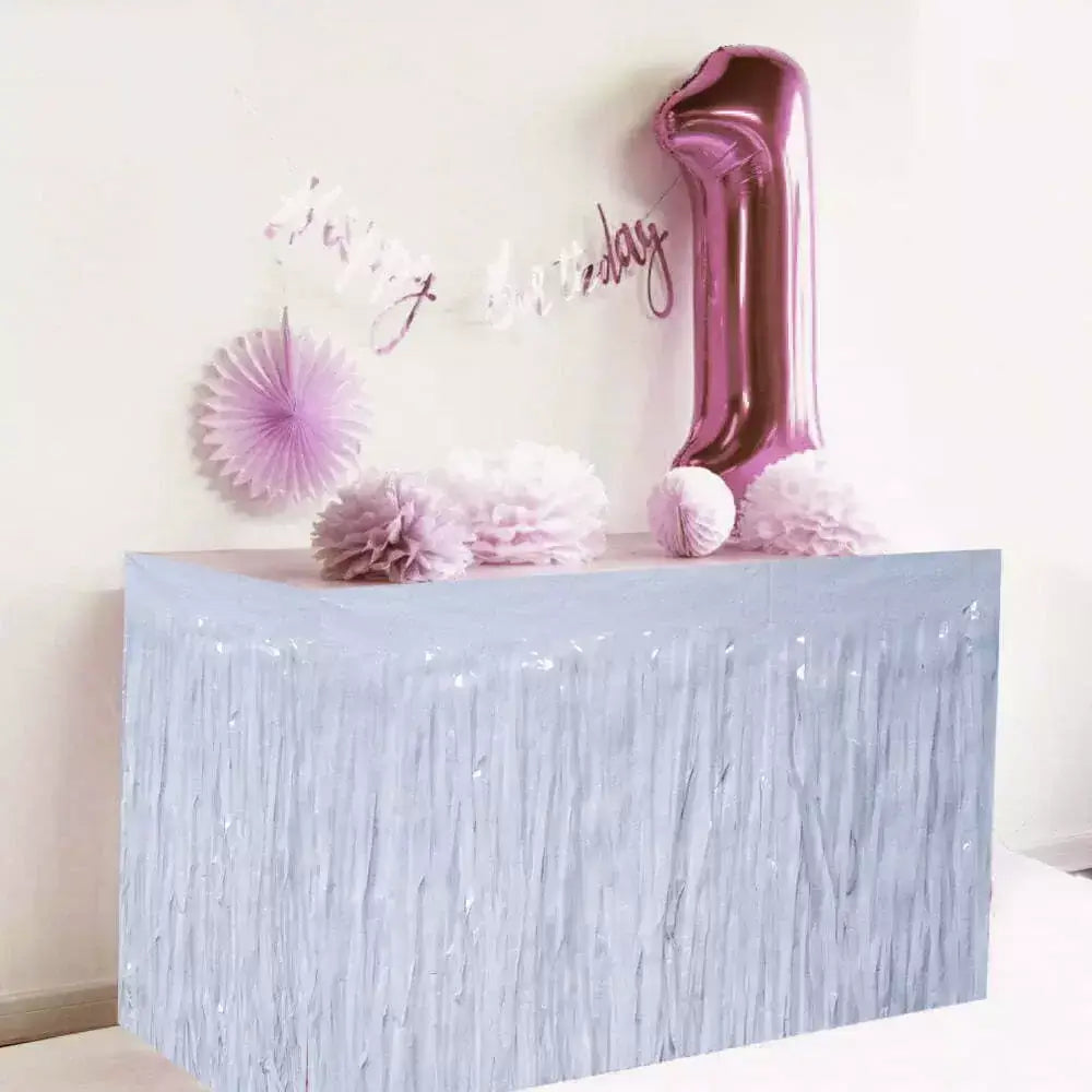 White Foil Fringe Table Skirt