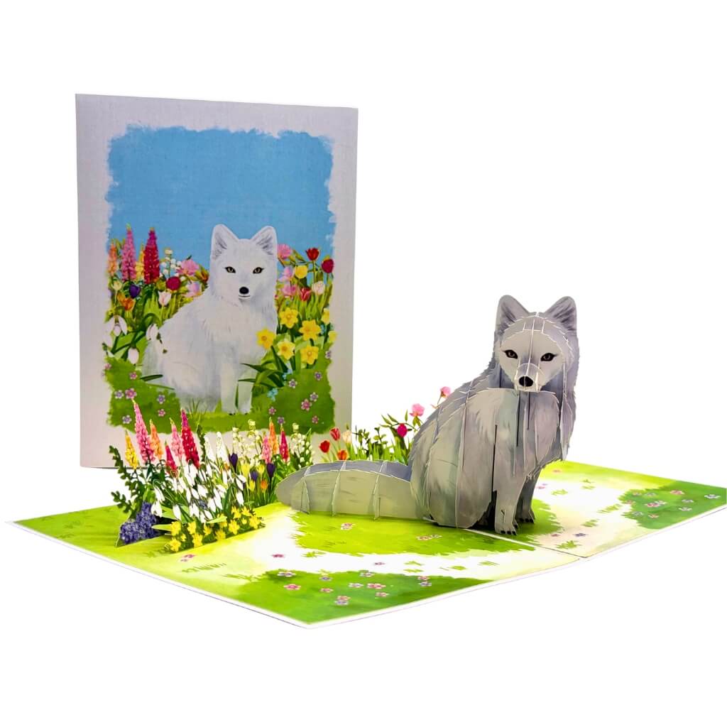 Handmade White Fox in Spring Flower Fields 3D Origami Pop Up Wild Animal Greeting Card