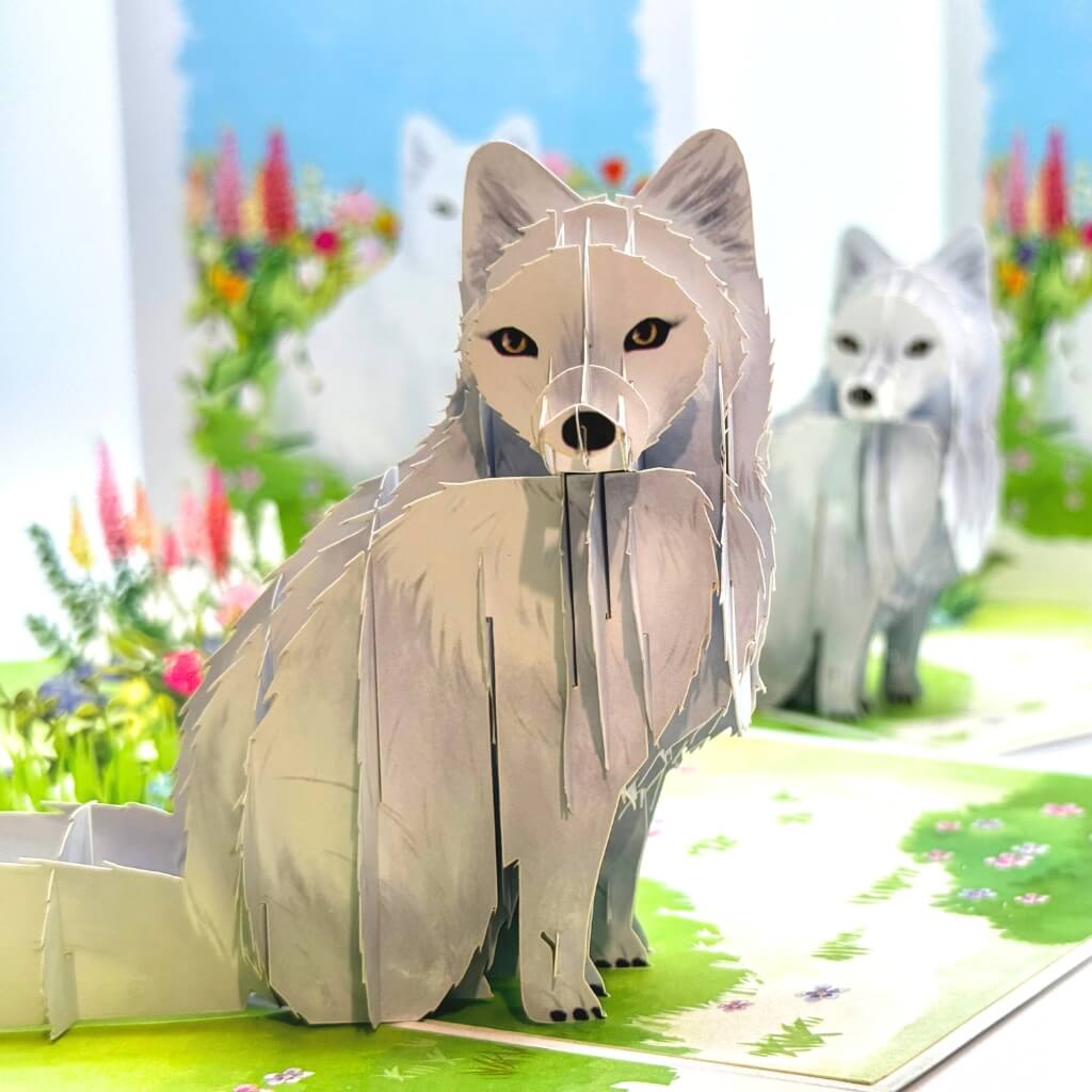 Handmade White Fox in Spring Flower Fields 3D Origami Pop Up Wild Animal Greeting Card