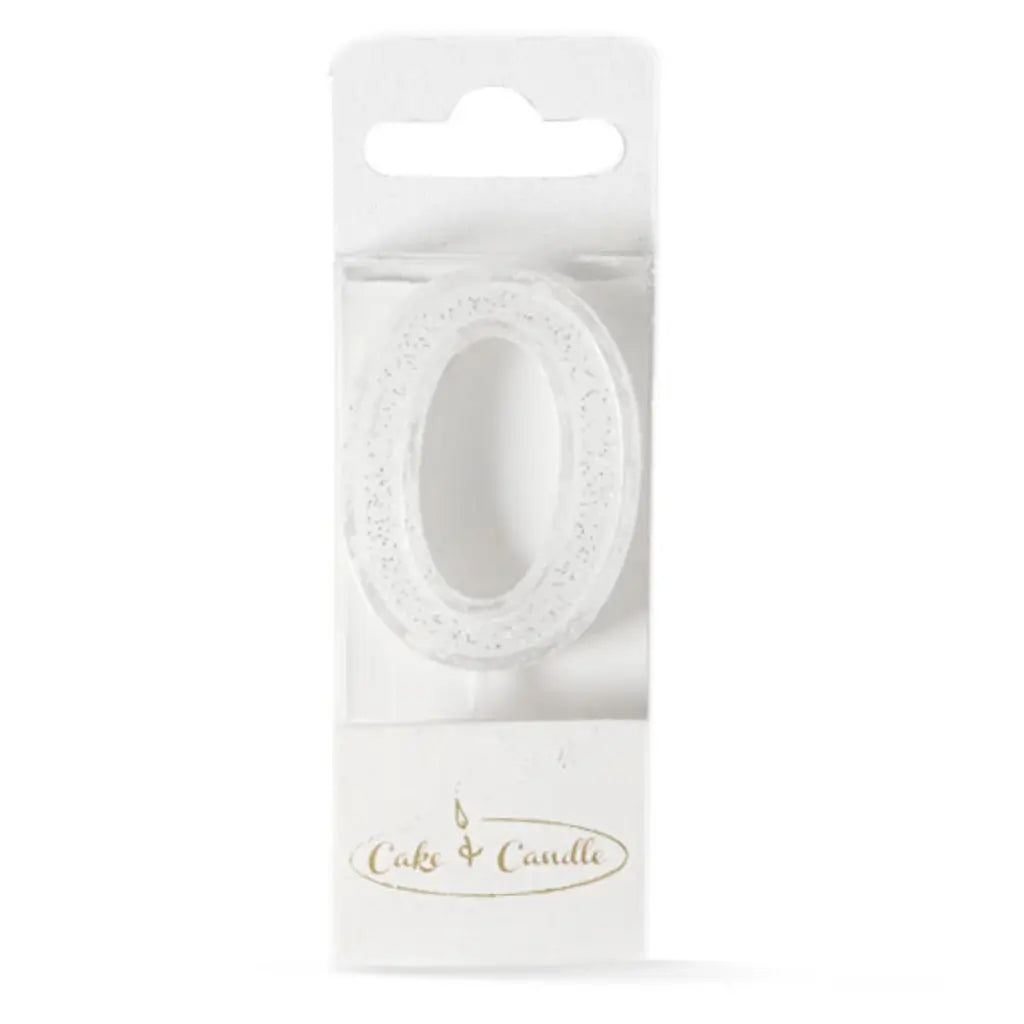 Mini white glitter number 0 candle for birthday cake