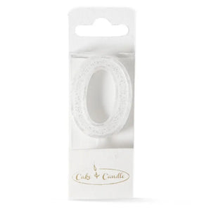 Mini white glitter number 0 candle for birthday cake