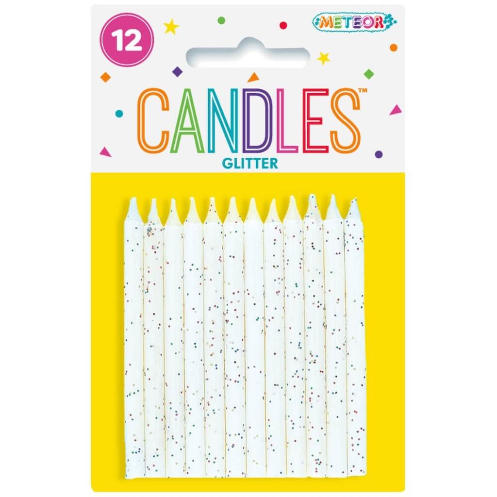 White Glitter Candles 12pk