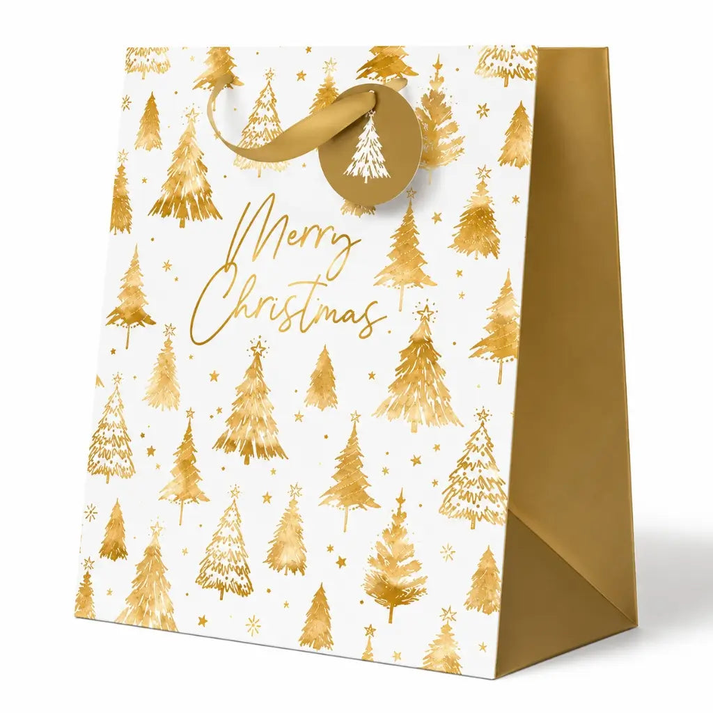 White and gold Christmas gift bag with metallic tree pattern